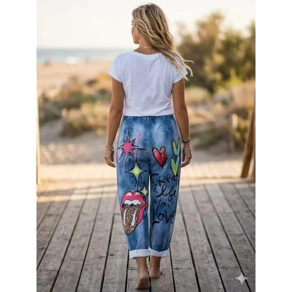 L511 Loowie XOXO Pop Art Printed Jeans One Size - Picture 2 of 4